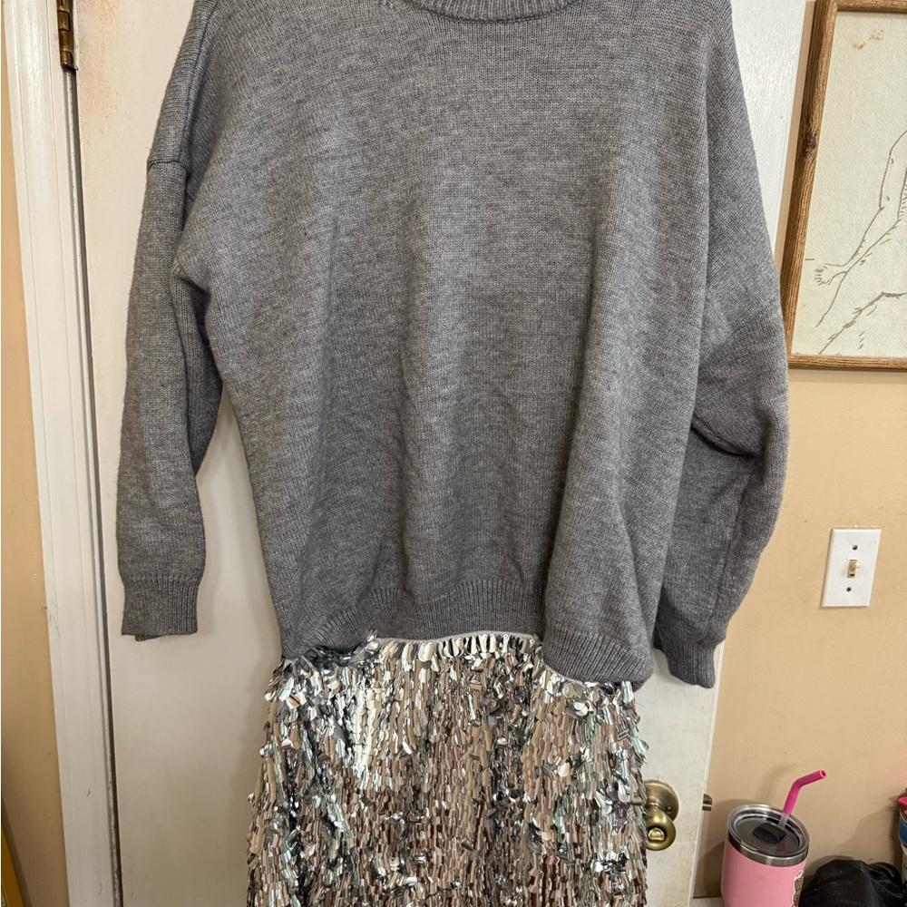 Gray Sweater with Fringe Detail